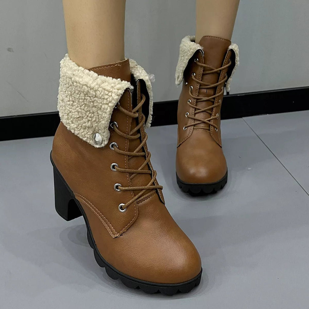 Lace Up Block Heels Boots - TheMomCo.
