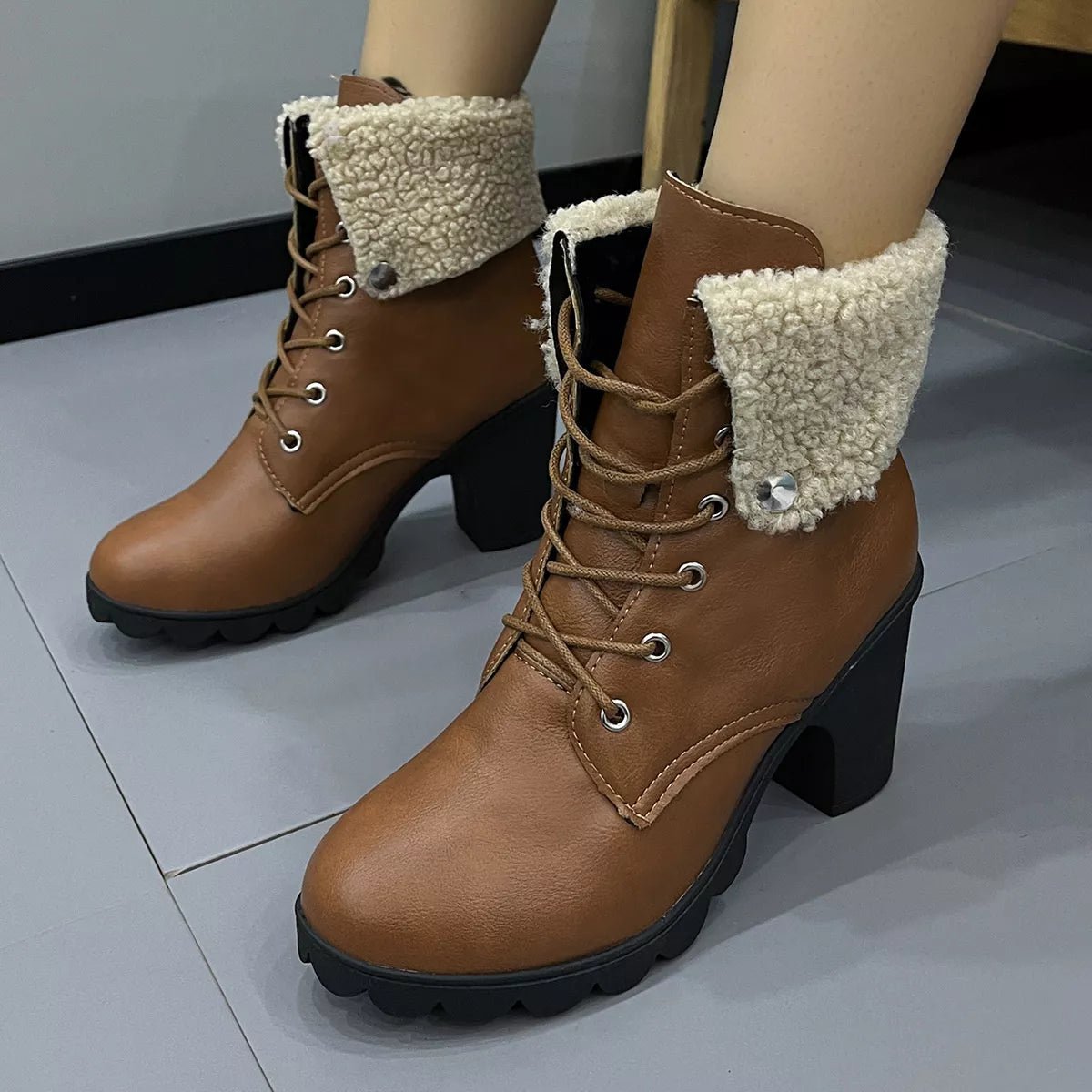 Lace Up Block Heels Boots - TheMomCo.