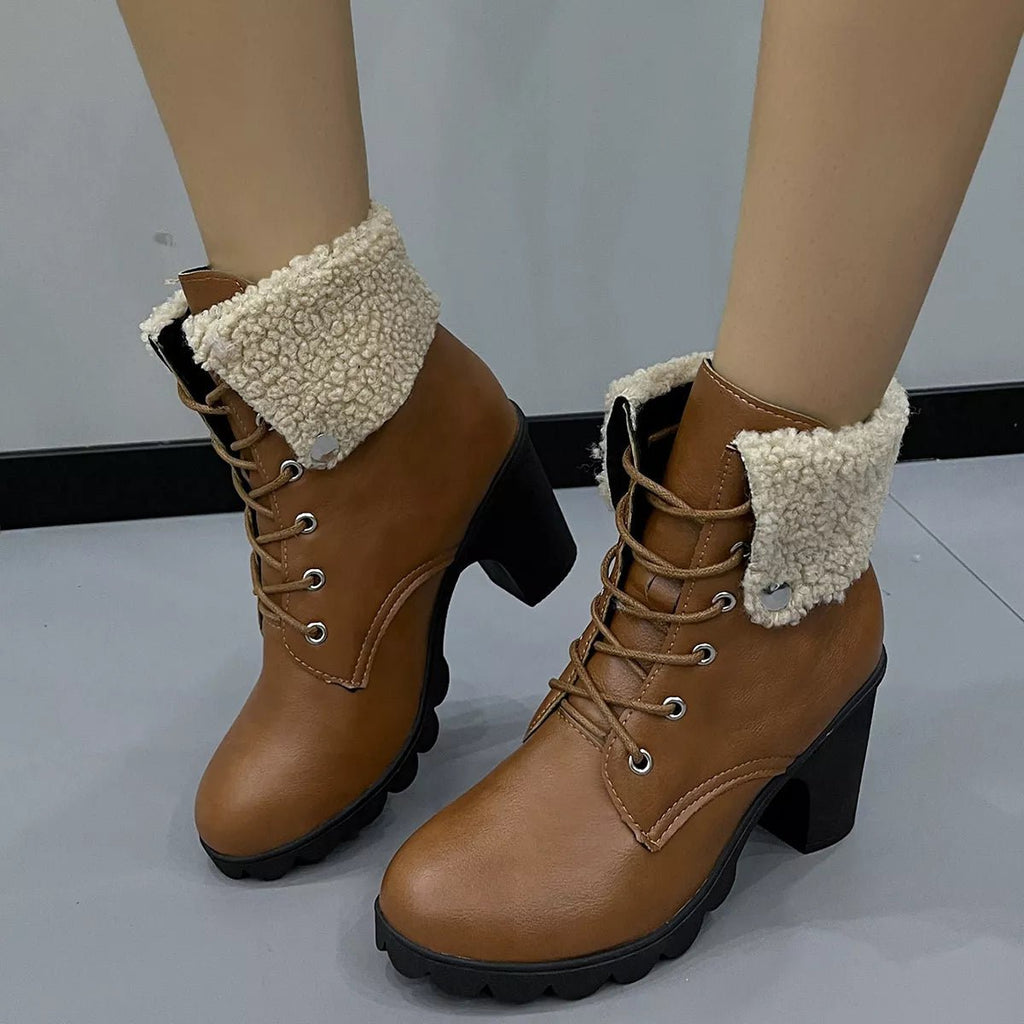 Lace Up Block Heels Boots - TheMomCo.
