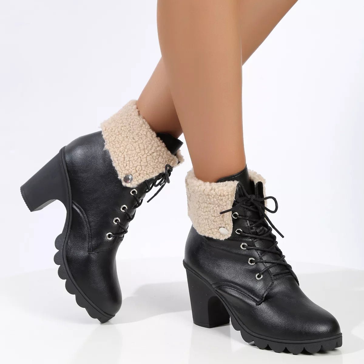Lace Up Block Heels Boots - TheMomCo.