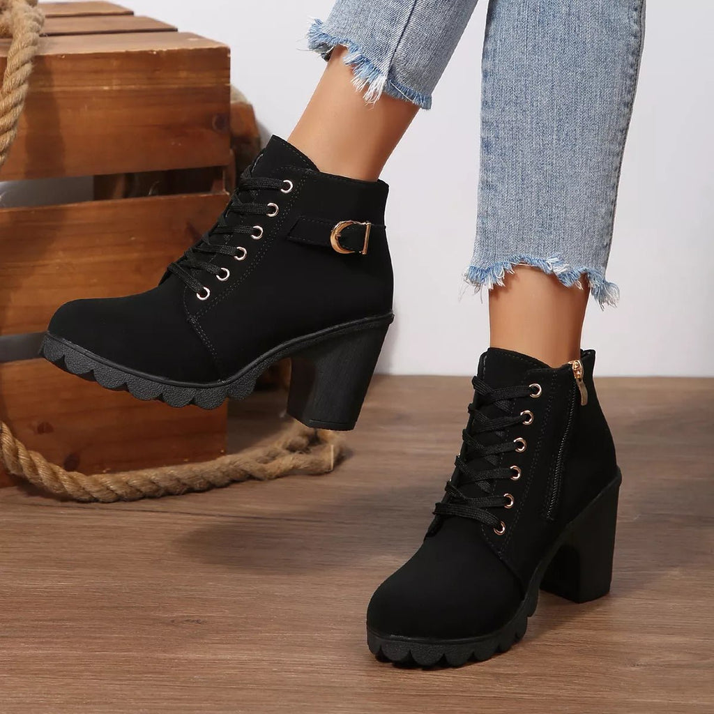 Lace-Up Buckle Chunky Heel Ankle Boots - TheMomCo.