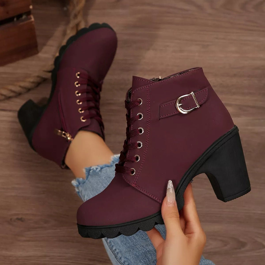 Lace-Up Buckle Chunky Heel Ankle Boots - TheMomCo.