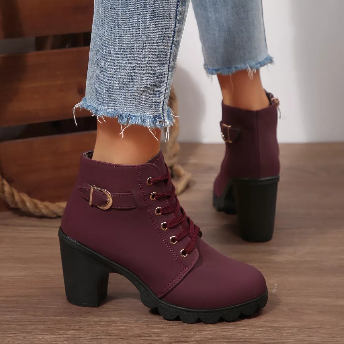 Lace-Up Buckle Chunky Heel Ankle Boots - TheMomCo.