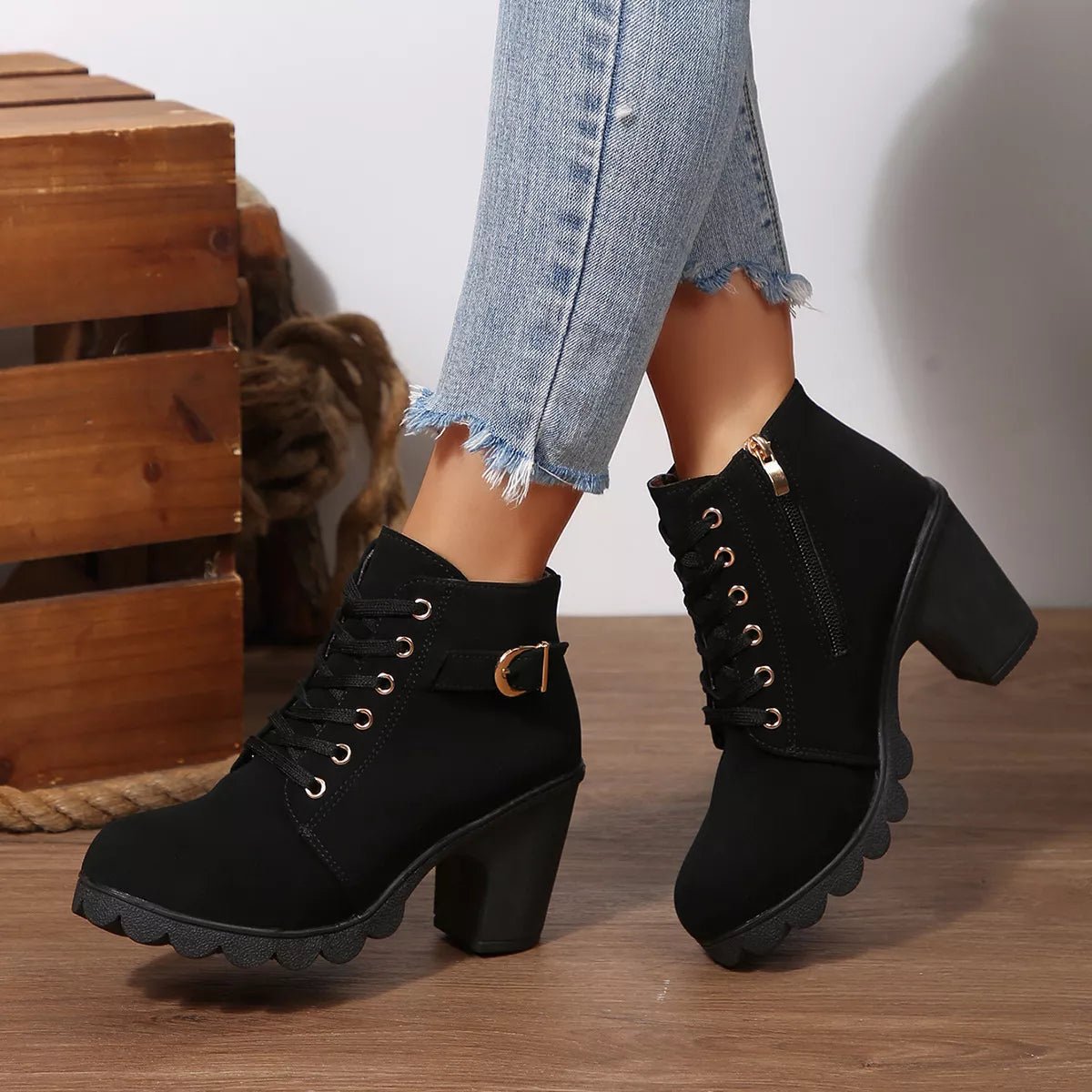 Lace-Up Buckle Chunky Heel Ankle Boots - TheMomCo.
