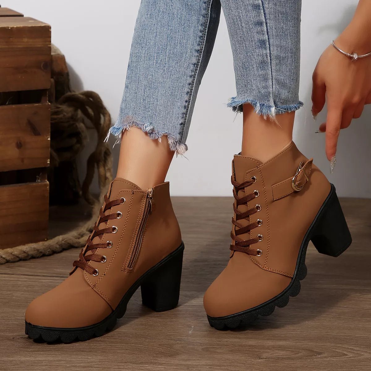 Lace-Up Buckle Chunky Heel Ankle Boots - TheMomCo.
