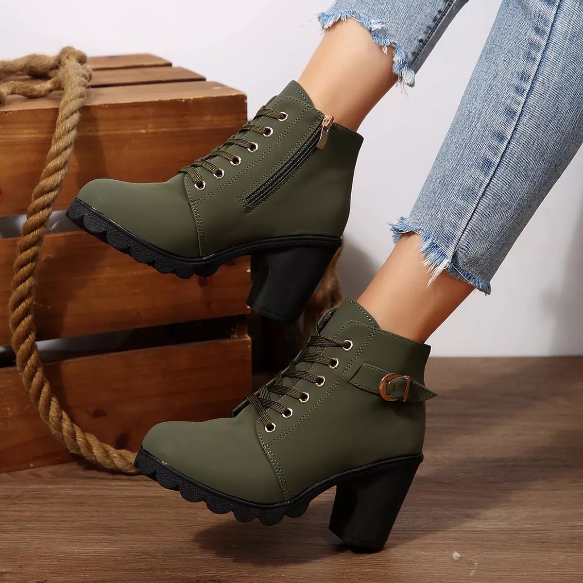 Lace-Up Buckle Chunky Heel Ankle Boots - TheMomCo.