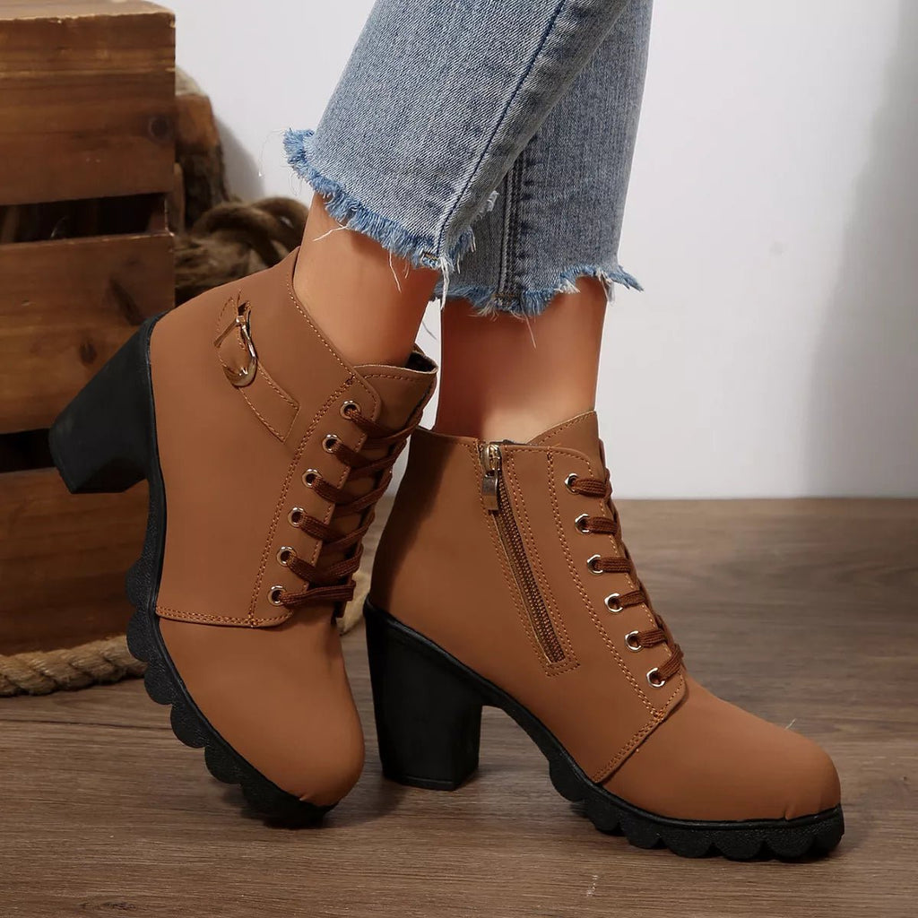 Lace-Up Buckle Chunky Heel Ankle Boots - TheMomCo.