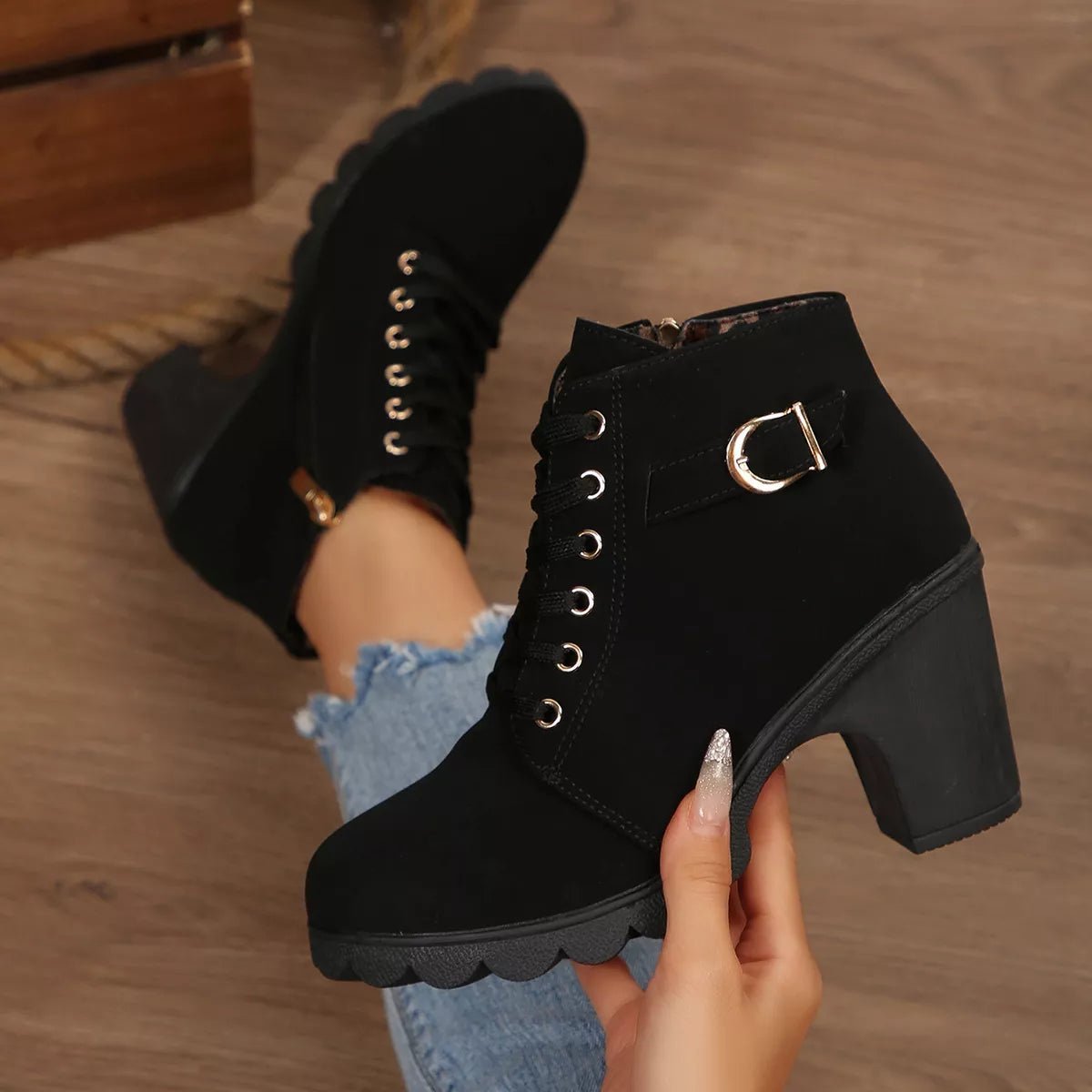 Lace-Up Buckle Chunky Heel Ankle Boots - TheMomCo.