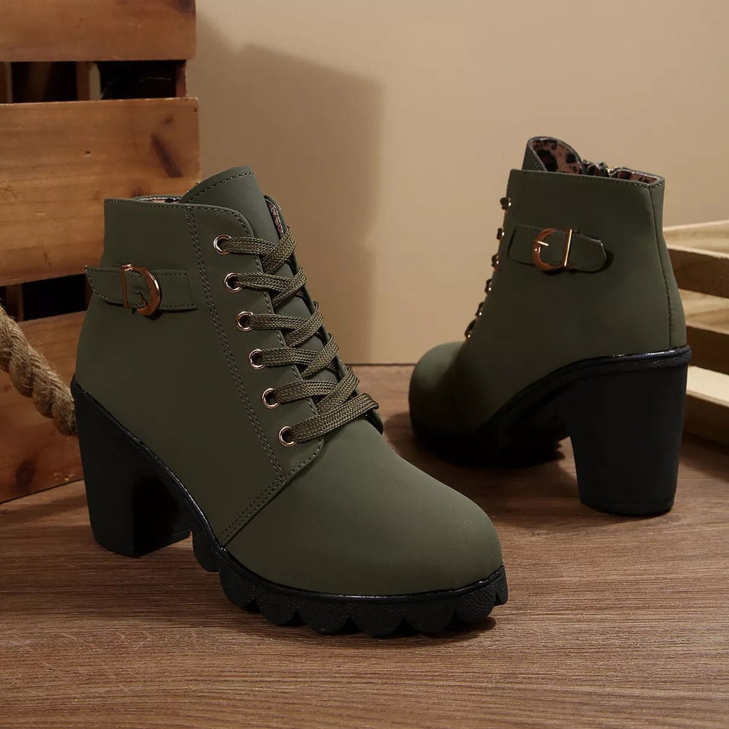 Lace-Up Buckle Chunky Heel Ankle Boots - TheMomCo.