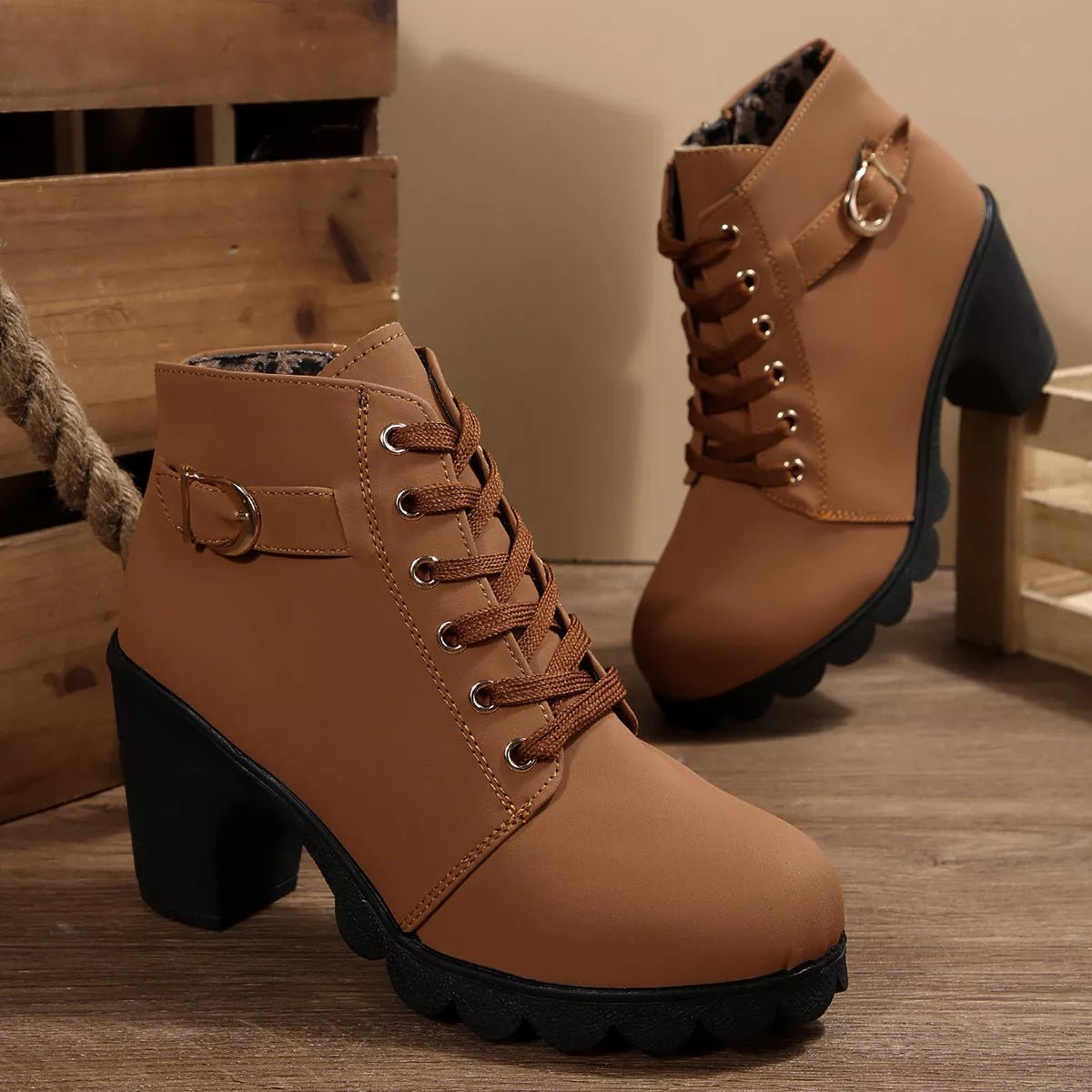 Lace-Up Buckle Chunky Heel Ankle Boots - TheMomCo.