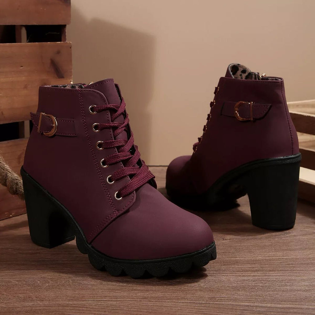 Lace-Up Buckle Chunky Heel Ankle Boots - TheMomCo.