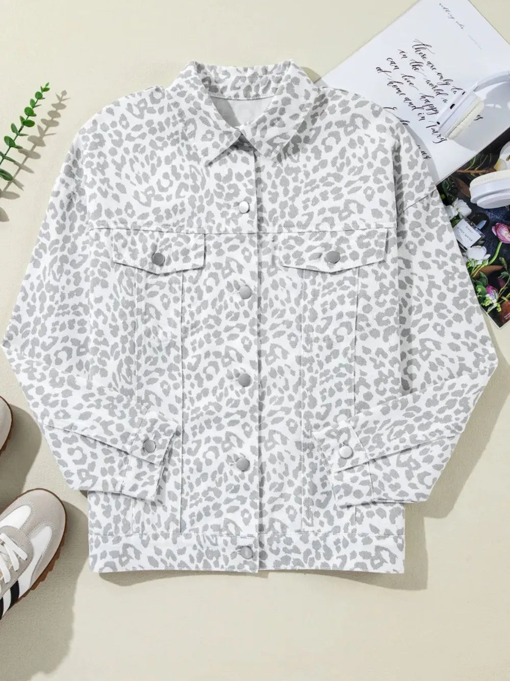 Leopard Button Up Long Sleeve Denim Jacket - TheMomCo.