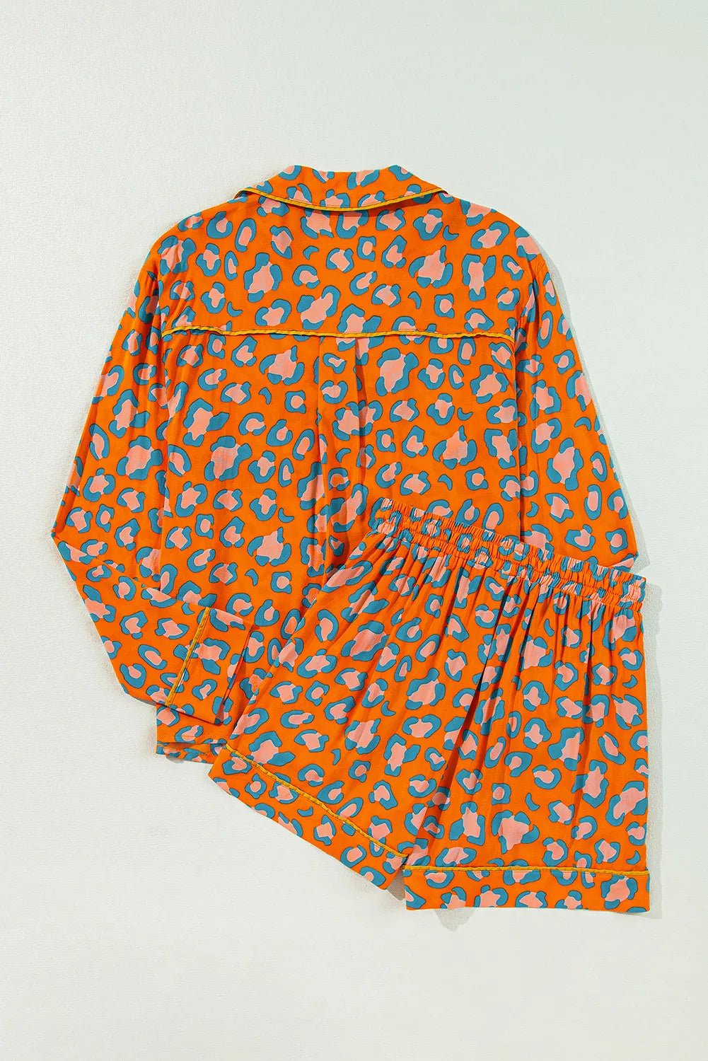 Leopard Collared Neck Long Sleeve Top and Shorts Lounge Set - TheMomCo.