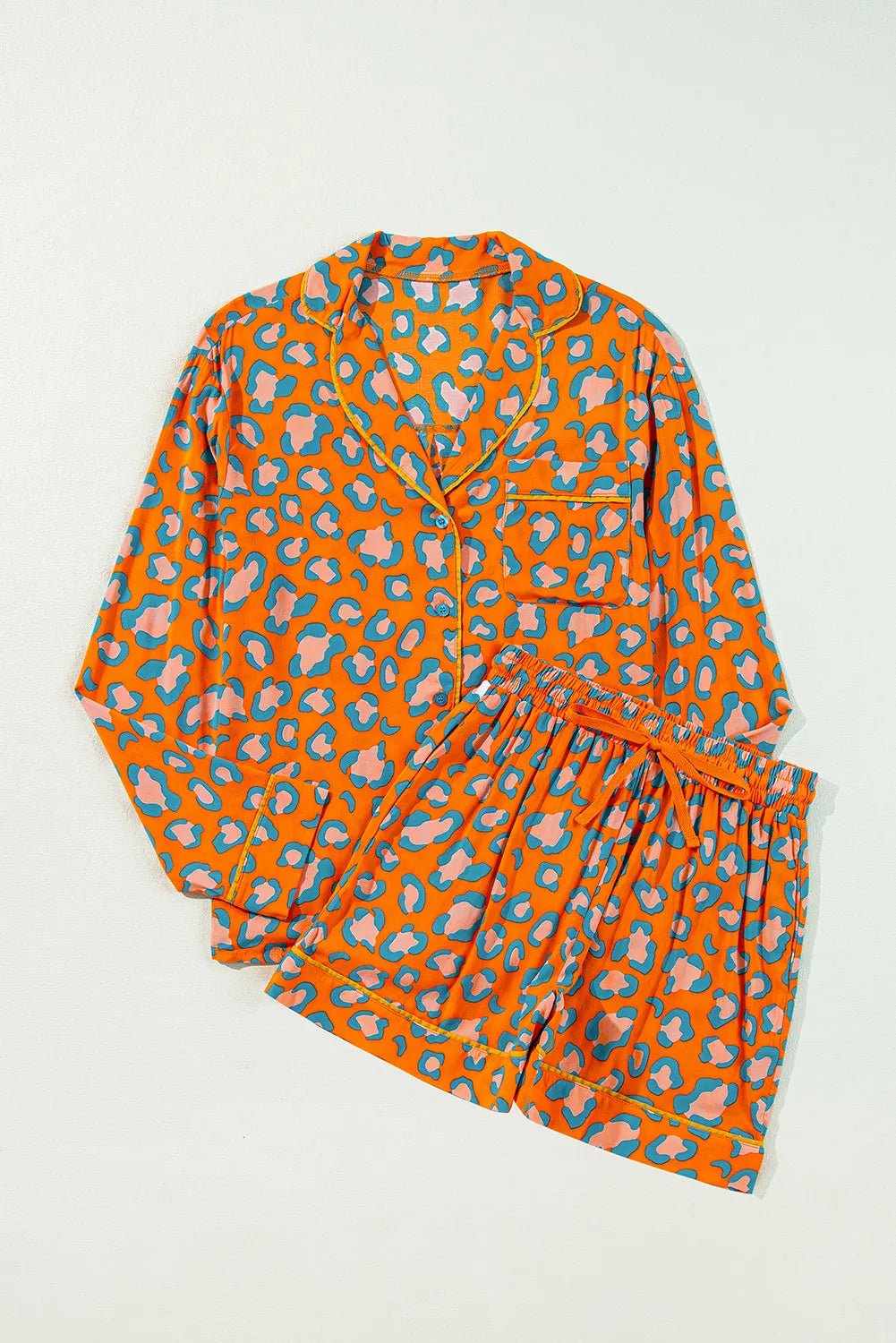 Leopard Collared Neck Long Sleeve Top and Shorts Lounge Set - TheMomCo.