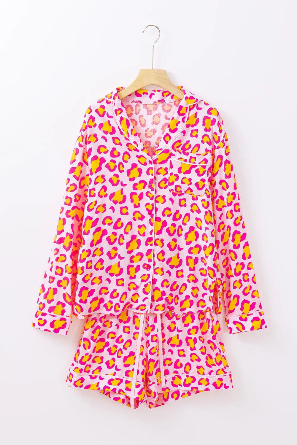 Leopard Collared Neck Long Sleeve Top and Shorts Lounge Set - TheMomCo.