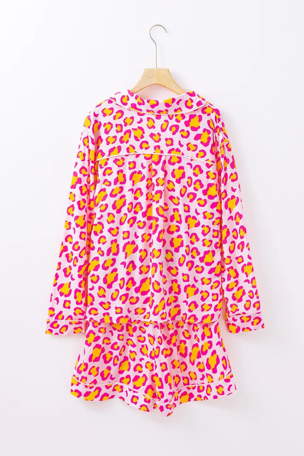 Leopard Collared Neck Long Sleeve Top and Shorts Lounge Set - TheMomCo.