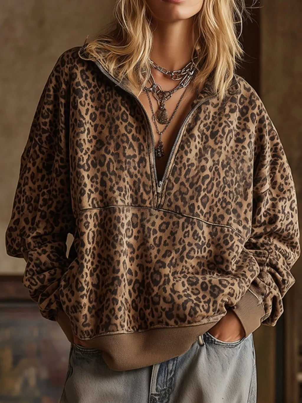 Leopard Half Zip Oversized Sweatshirt - TheMomCo.