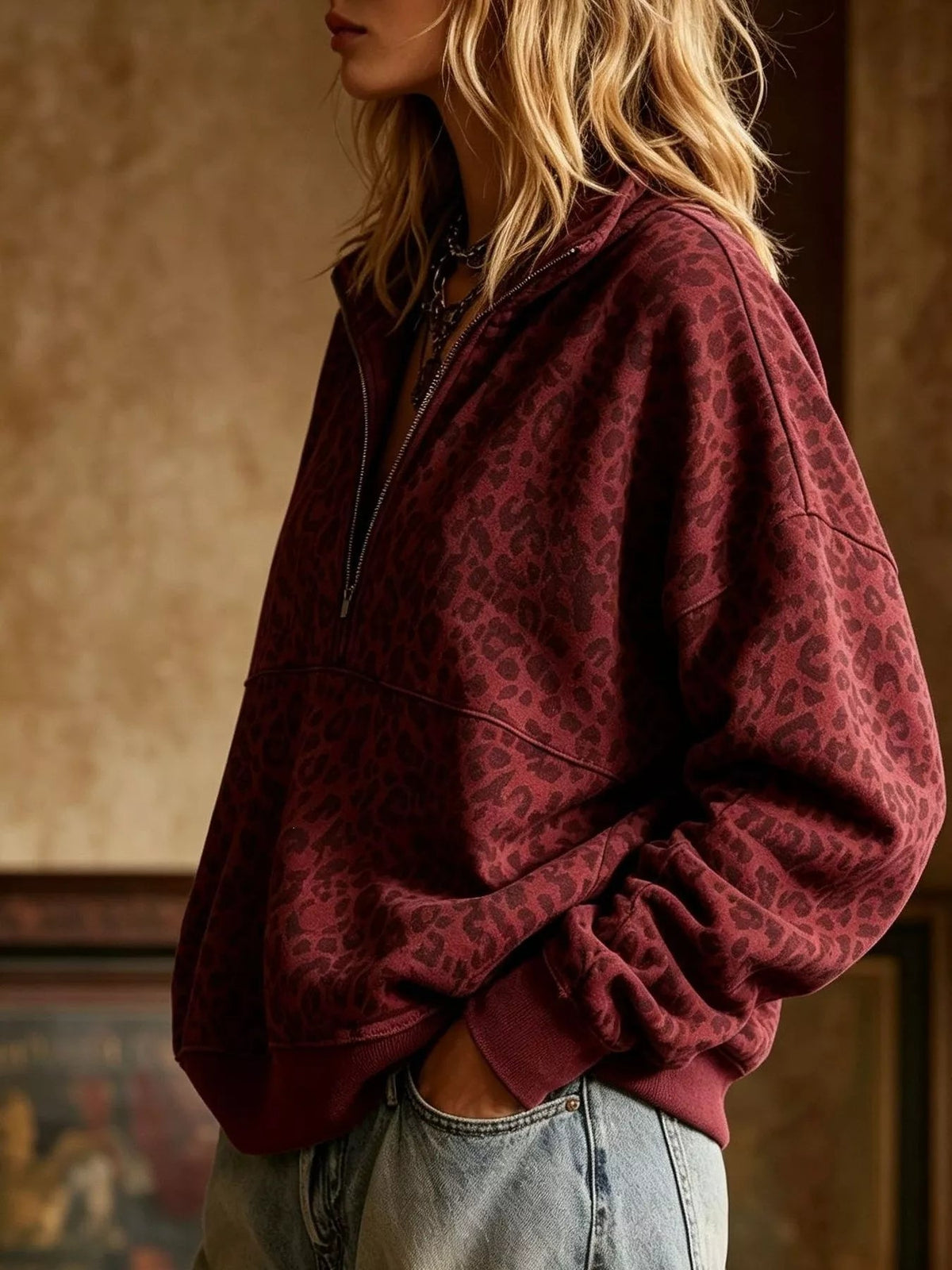Leopard Half Zip Oversized Sweatshirt - TheMomCo.