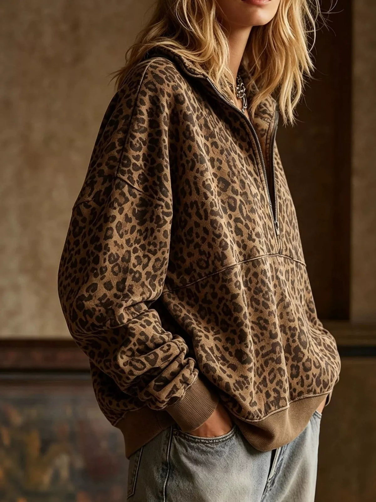 Leopard Half Zip Oversized Sweatshirt - TheMomCo.