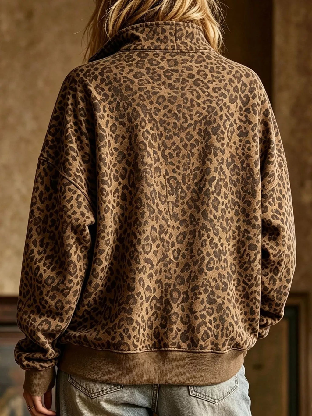 Leopard Half Zip Oversized Sweatshirt - TheMomCo.