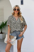 Leopard Notched Half Sleeve Blouse - TheMomCo.