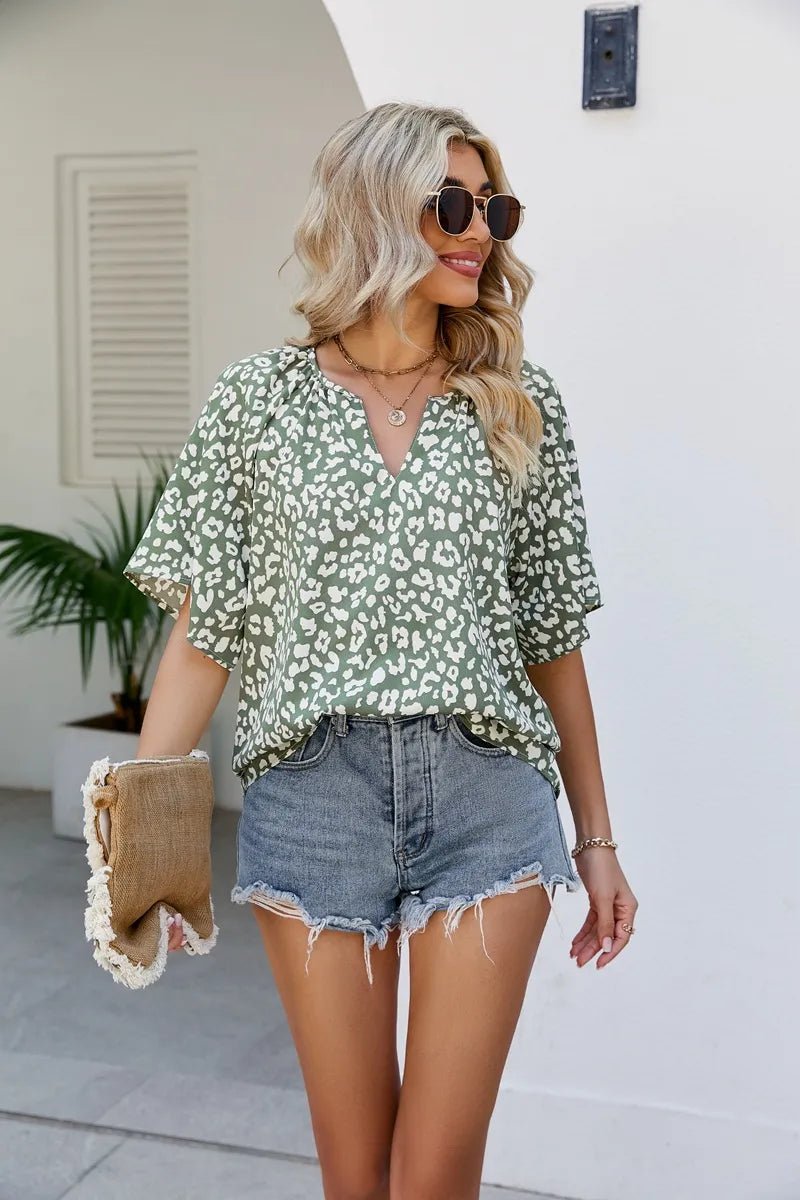 Leopard Notched Half Sleeve Blouse - TheMomCo.
