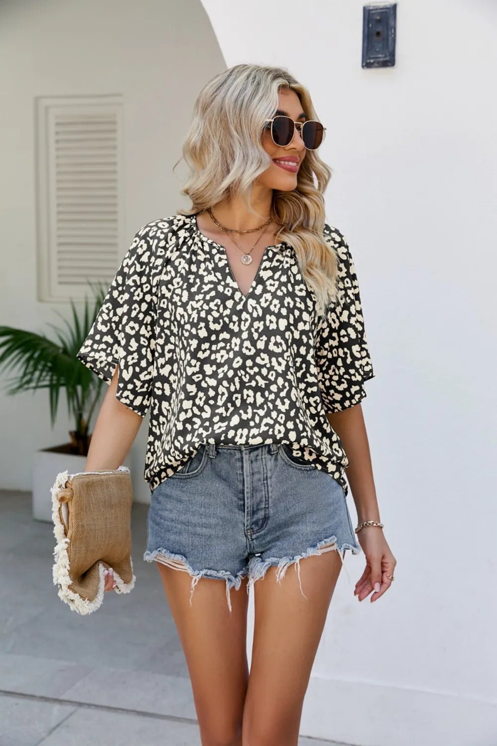 Leopard Notched Half Sleeve Blouse - TheMomCo.
