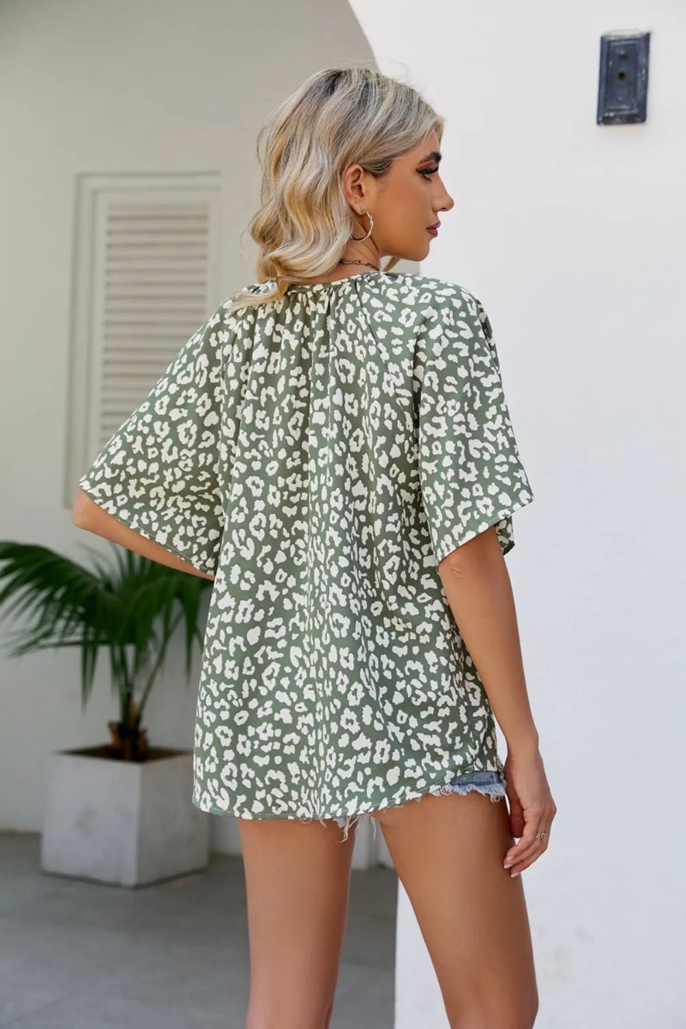 Leopard Notched Half Sleeve Blouse - TheMomCo.