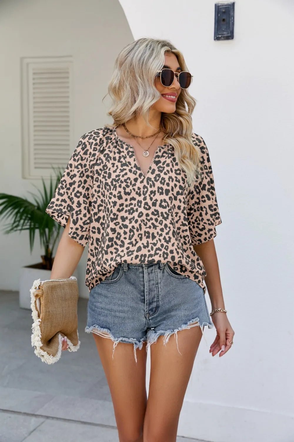 Leopard Notched Half Sleeve Blouse - TheMomCo.