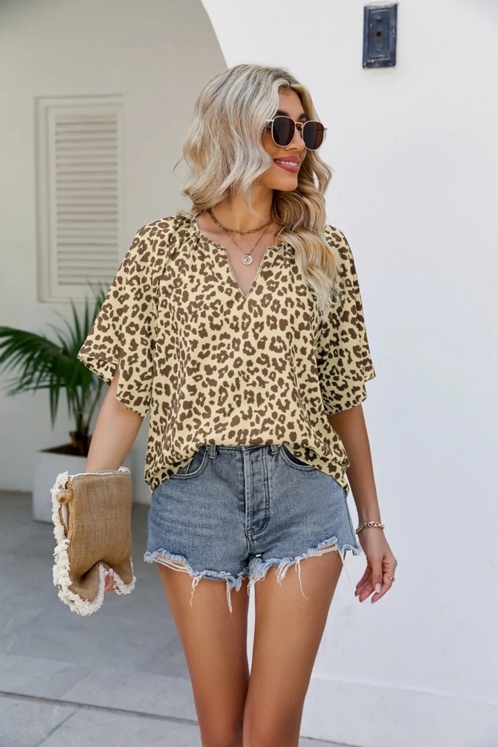 Leopard Notched Half Sleeve Blouse - TheMomCo.