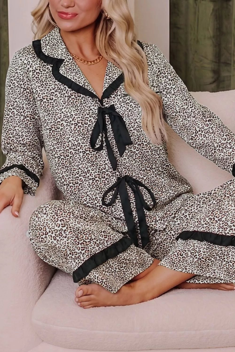 Leopard Print Bow Knot Patchwork Long Sleeve Lounge Set - TheMomCo.