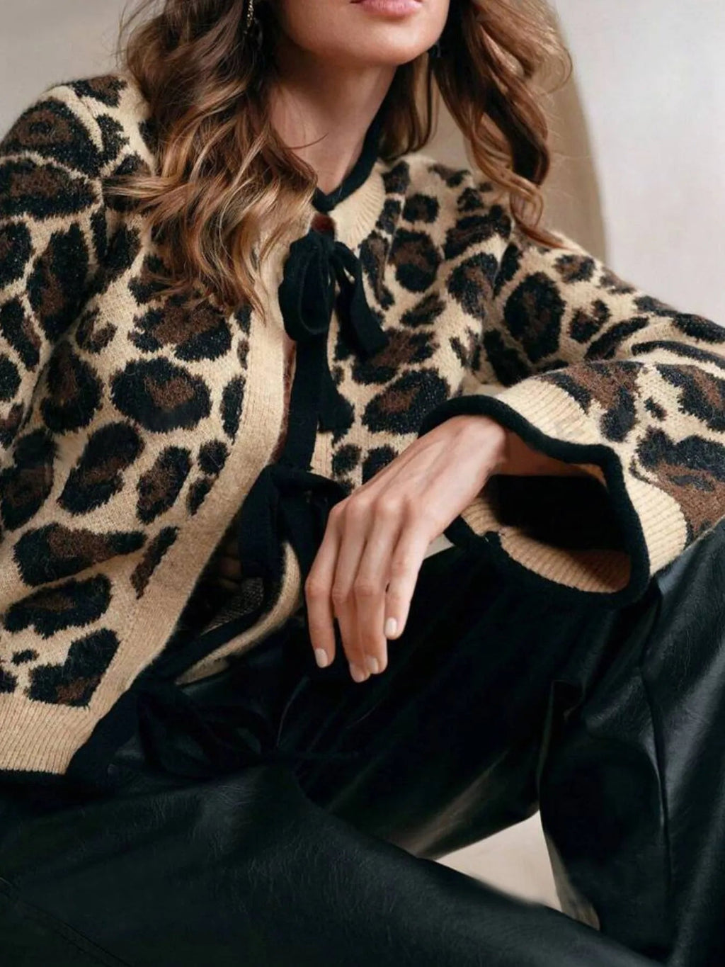 Leopard Print Bow-Tie Front Cropped Cardigan - TheMomCo.
