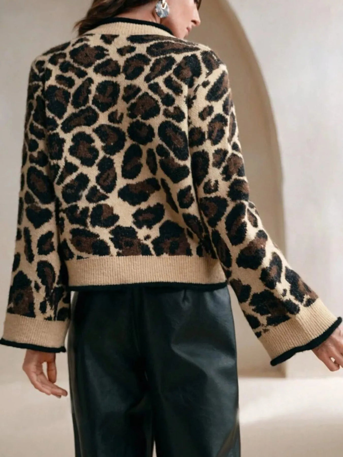 Leopard Print Bow-Tie Front Cropped Cardigan - TheMomCo.