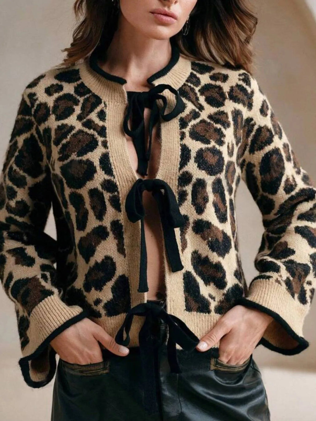 Leopard Print Bow-Tie Front Cropped Cardigan - TheMomCo.