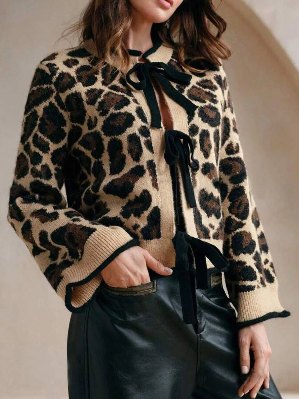 Leopard Print Bow-Tie Front Cropped Cardigan - TheMomCo.