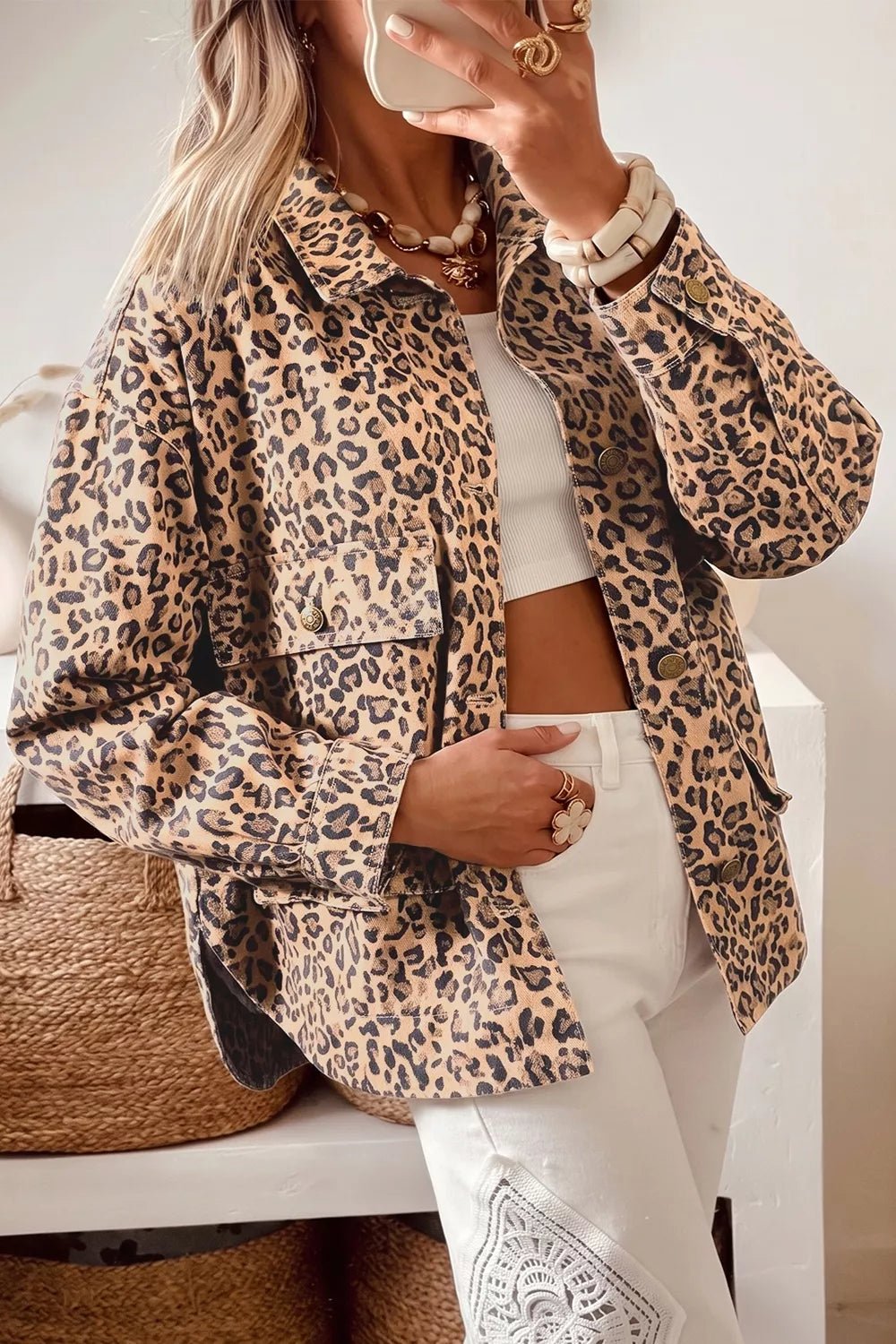 Leopard Print Denim Jacket - TheMomCo.
