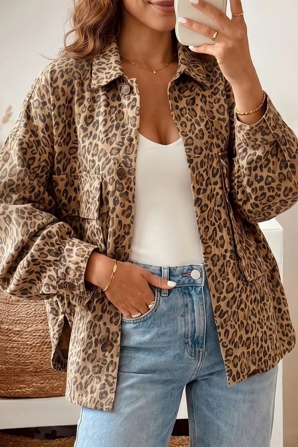 Leopard Print Denim Jacket - TheMomCo.