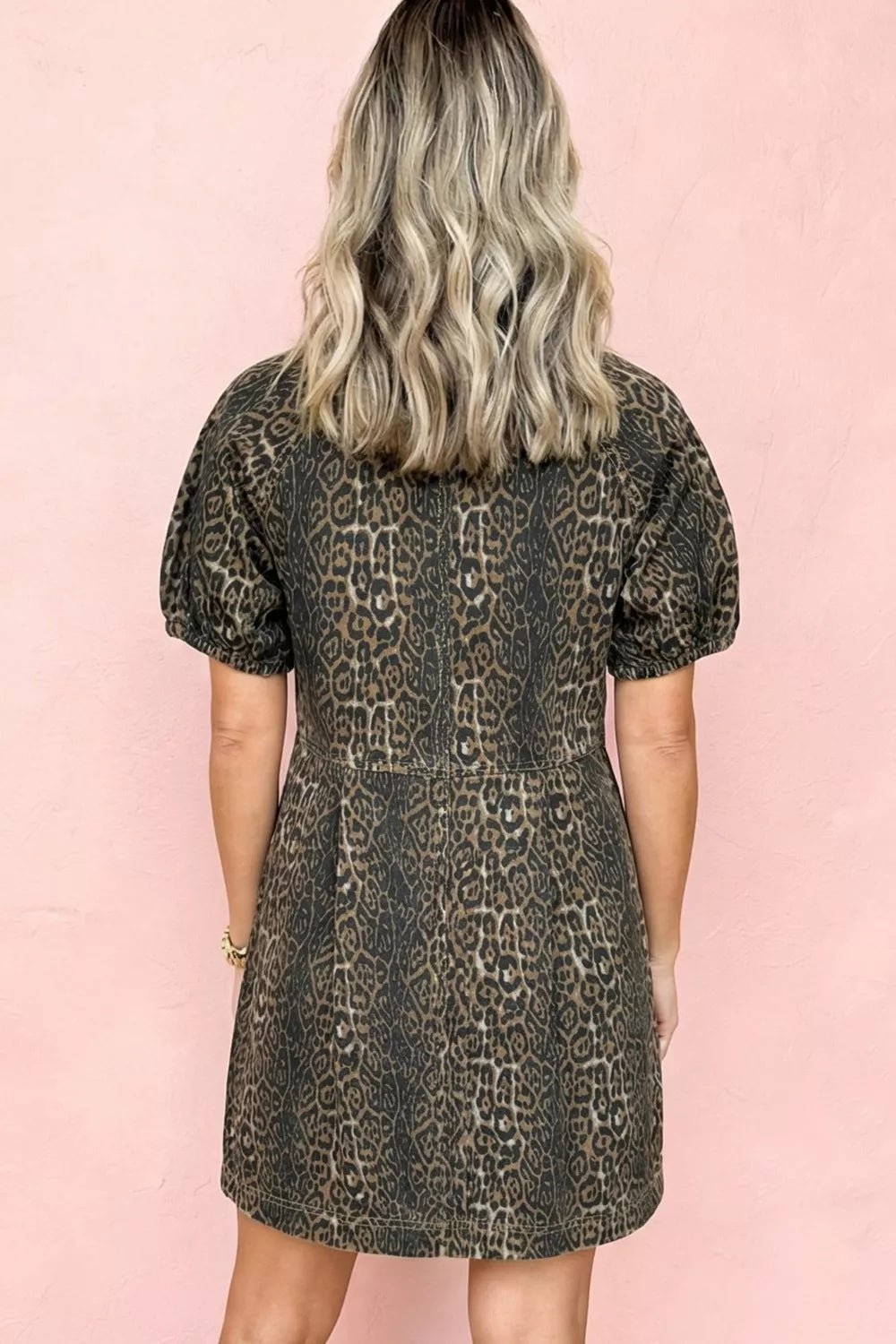 Leopard Print Puff Sleeve Denim Dress - TheMomCo.