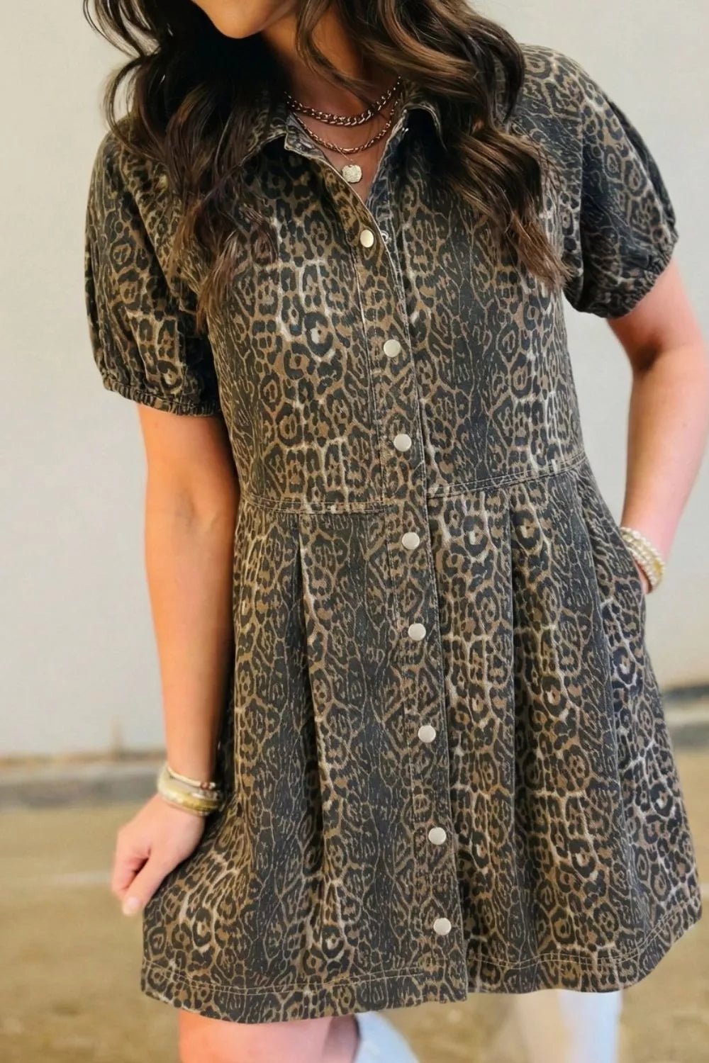 Leopard Print Puff Sleeve Denim Dress - TheMomCo.