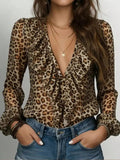 Leopard Print Ruffle V-Neck Blouse - TheMomCo.