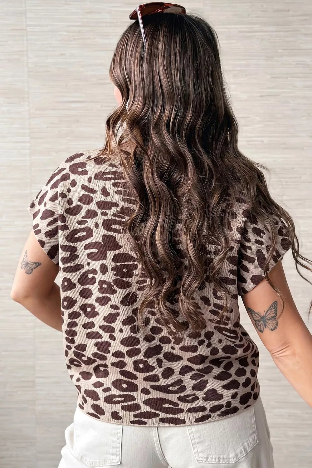 Leopard Print Short Sleeve Knit Loose Pullover Sweater - TheMomCo.
