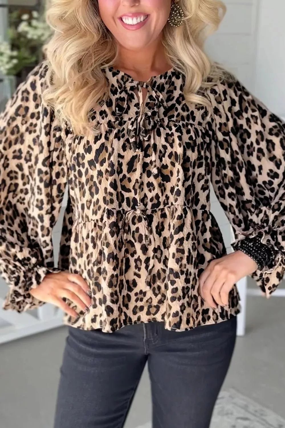 Leopard Print Tie-Neck Blouse - TheMomCo.