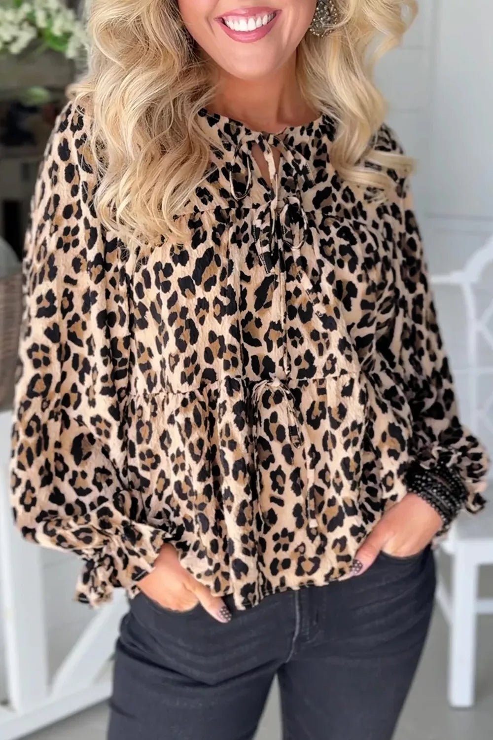 Leopard Print Tie-Neck Blouse - TheMomCo.