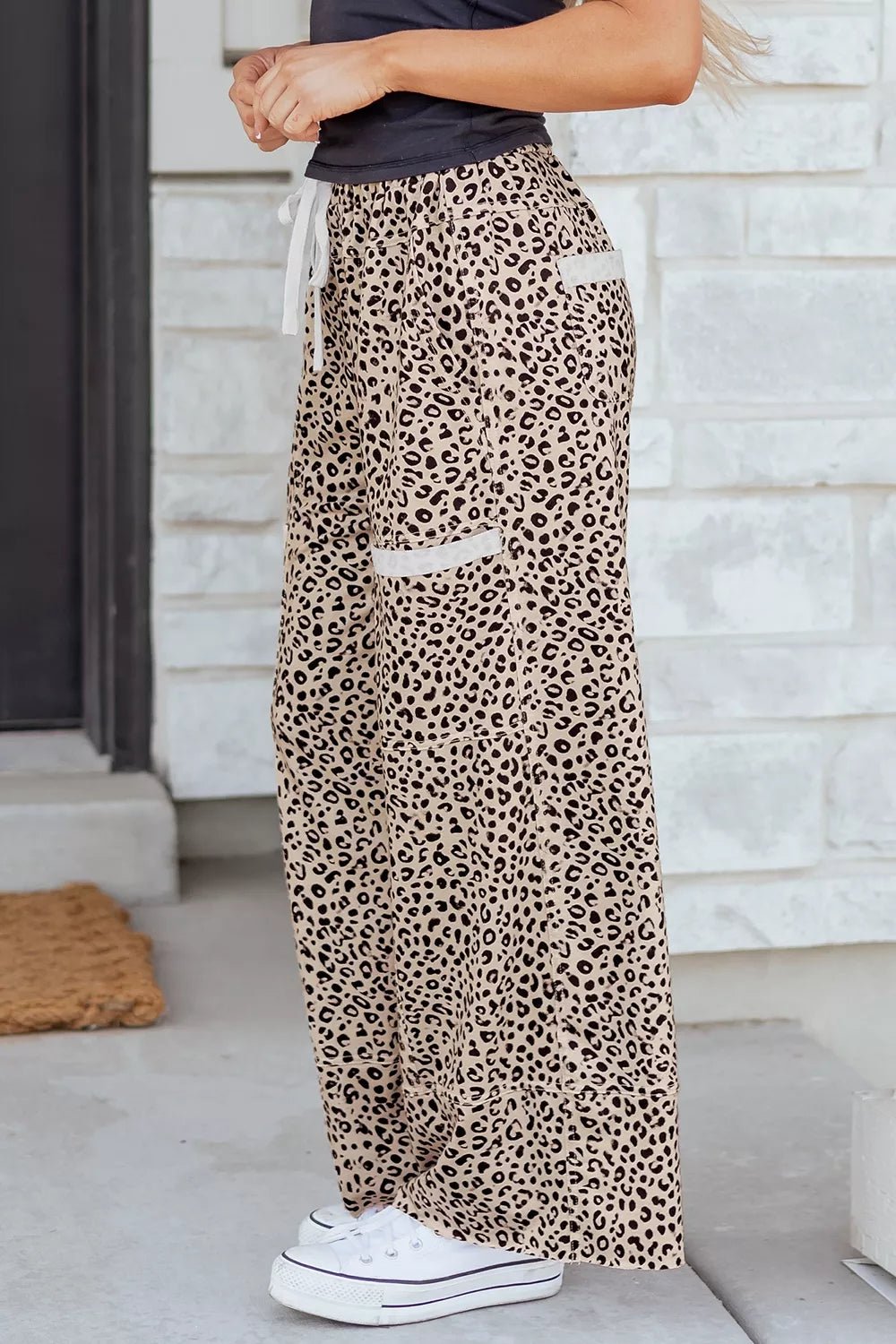 Leopard Print Wide-Leg Pants with Drawstring - TheMomCo.