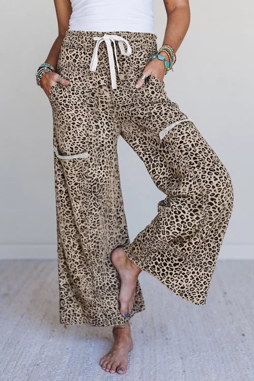 Leopard Print Wide-Leg Pants with Drawstring - TheMomCo.