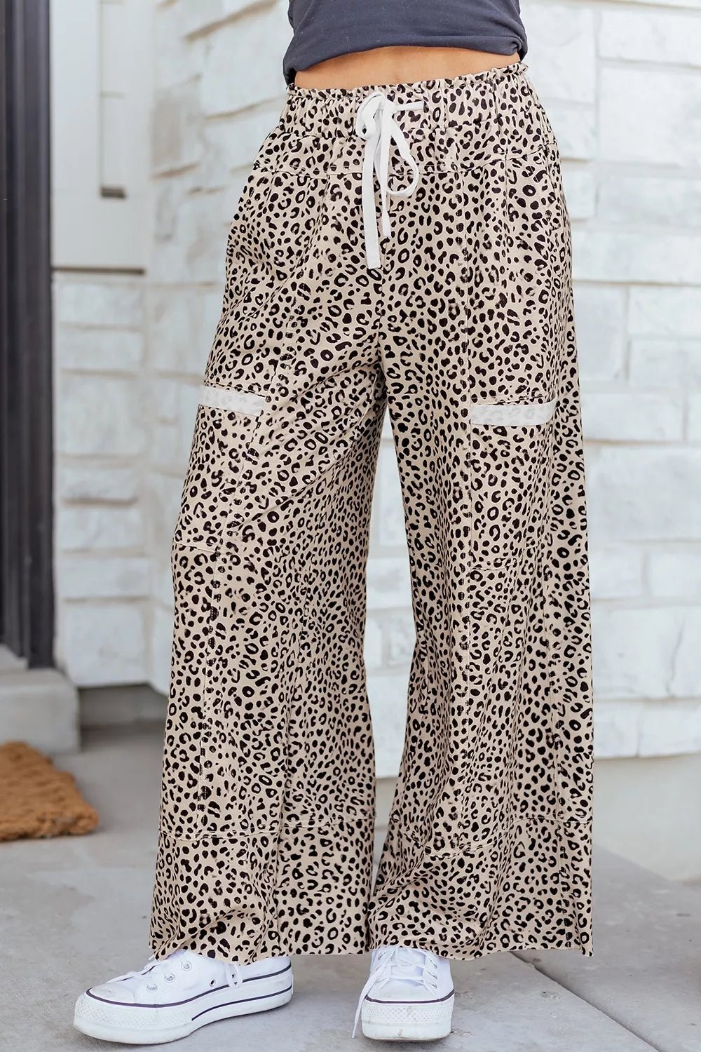 Leopard Print Wide-Leg Pants with Drawstring - TheMomCo.