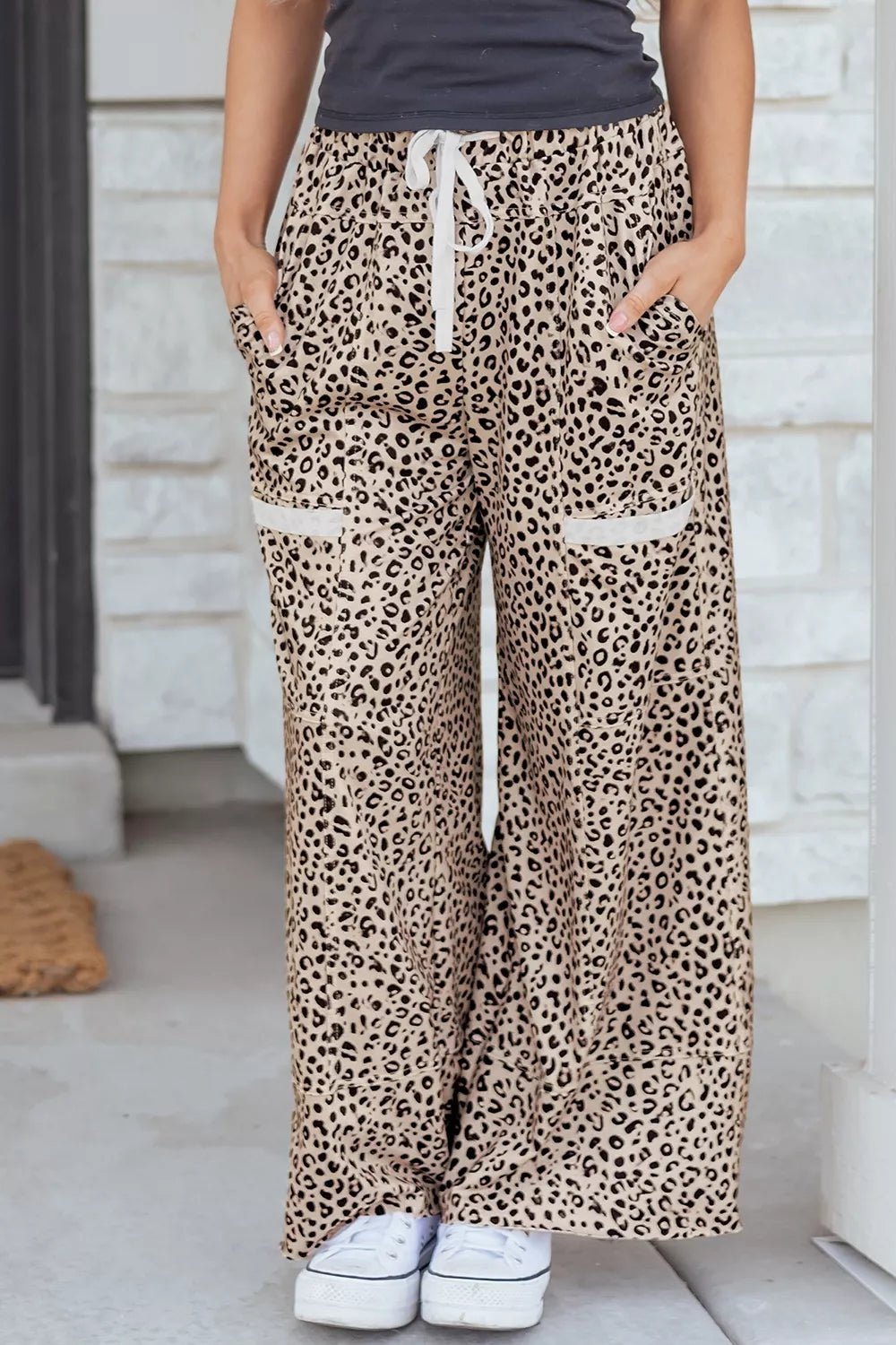 Leopard Print Wide-Leg Pants with Drawstring - TheMomCo.