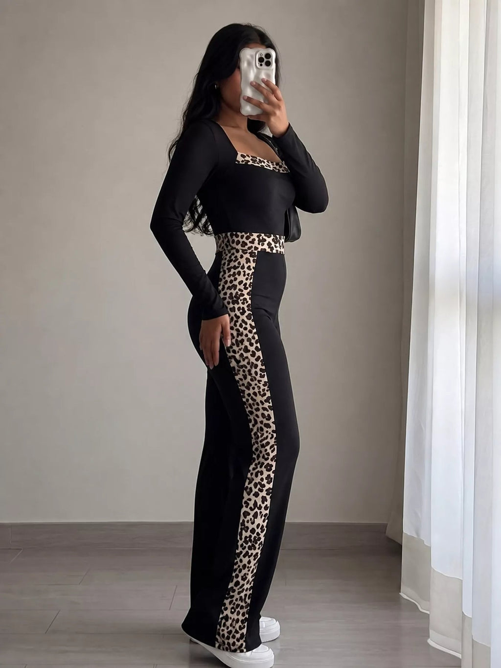 Leopard Trim Long Sleeve Jumpsuit - TheMomCo.