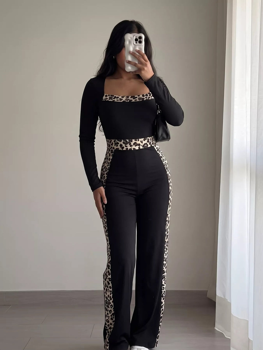 Leopard Trim Long Sleeve Jumpsuit - TheMomCo.