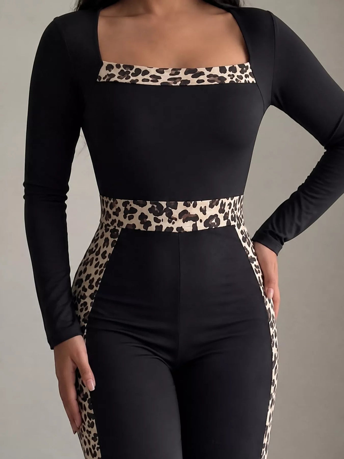 Leopard Trim Long Sleeve Jumpsuit - TheMomCo.